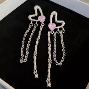 NWT Adorable Silver Heart Earrings With Dangling Chains & Pink Sparkling Heart!!